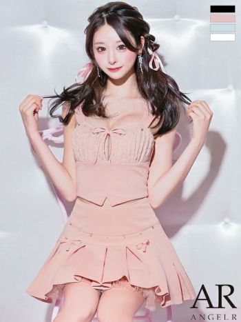 キャバドレス Angel R エンジェルアール ガーリー ノースリーブ バストカット リボン チュール ビジュー プリーツ セットアップ フレアミニドレス
