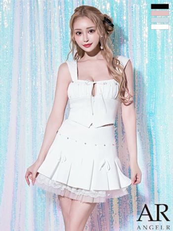 キャバドレス Angel R エンジェルアール ノースリーブ バストカット リボン チュール ビジュー プリーツ セットアップ ガーリー フレアミニドレス