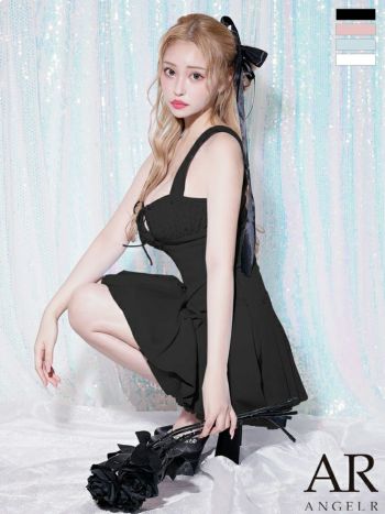キャバドレス Angel R エンジェルアール バストカット リボン チュール ビジュー プリーツ セットアップ ガーリー ノースリーブ フレアミニドレス