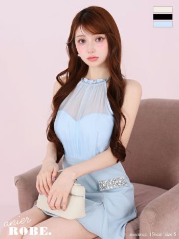 キャバドレス anier.ROBE アニエルローブ ビジュー シフォン バックオープン ホルターネック サテン タイトミニドレス