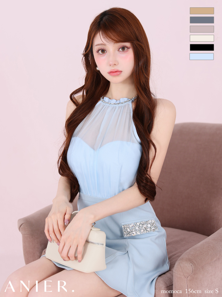 キャバドレス anier.ROBE アニエルローブ ビジュー シフォン バックオープン ホルターネック サテン タイトミニドレス