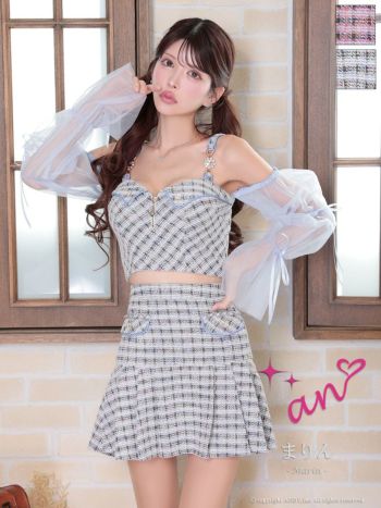 キャバドレス フレアミニドレス an アン ハートボタン リボン ツイード キャミソール ジップデザイン チュールスリーブ セットアップ 飾りボタン