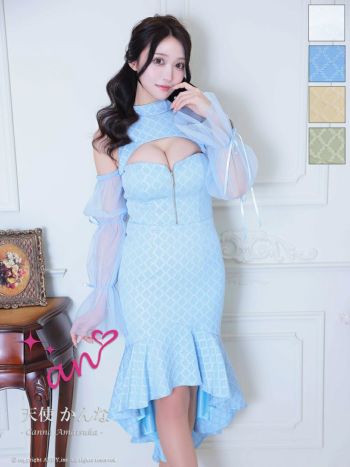 キャバドレス ロングテールドレス an アン マーメイド ジップデザイン カットデザイン　チュールスリーブ リボン ホルターネック