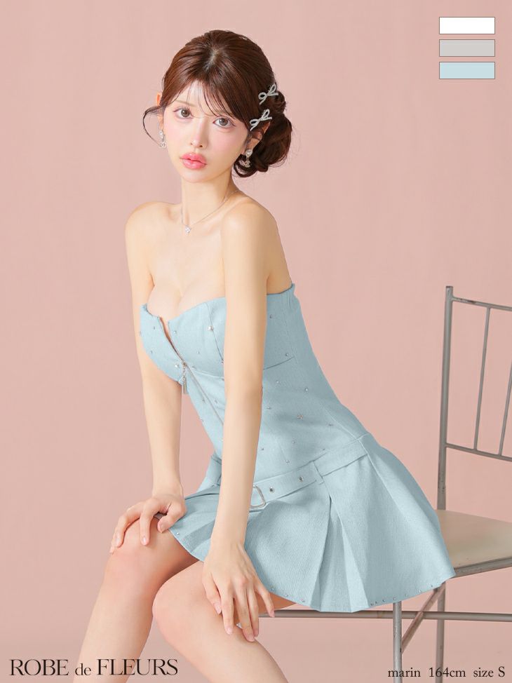 キャバドレス ROBEdeFLEURS ローブドフルール ジップデザイン ガーリー ベルト プリーツスカート ラメツイル キャミソール フレアミニドレス 