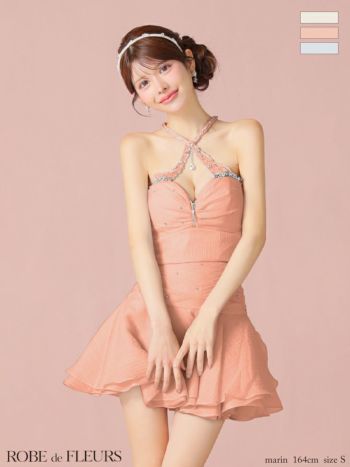 キャバドレス ROBEdeFLEURS ローブドフルール ジップデザイン セットアップ ビジュー ホルターネック シフォン ラメ フレアミニドレス