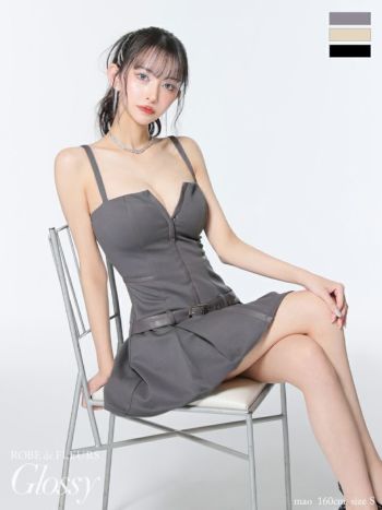 キャバドレス Glossy ROBE de FLEURS グロッシー ローブドフルール ジップデザイン キャミソール ベルトデザイン プリーツスカート フレアミニドレス 