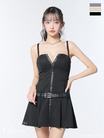 キャバドレス Glossy ROBE de FLEURS グロッシー ローブドフルール キャミソール ベルトデザイン プリーツスカート ジップデザイン フレアミニドレス