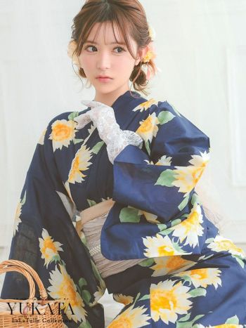 浴衣 紺地 ひまわり ガーリー ゆかた3点SET