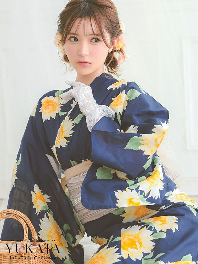 浴衣 紺地 ひまわり ガーリー ゆかた3点SET