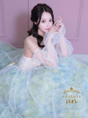 キャバドレス couture an ベアトップ 長袖 シアースリーブ フラワー ニュアンス チュール レースアップ バースデー Aラインロングドレス