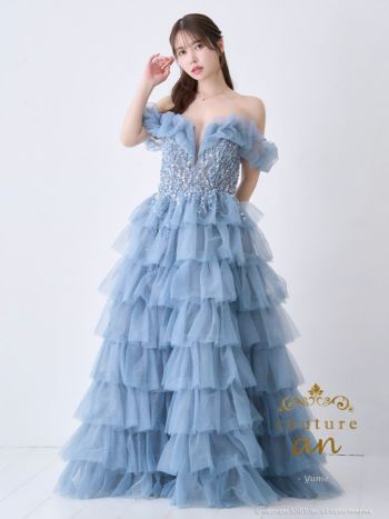 キャバドレス couture an ラメ オフショルダー ビジュー シアー フリル ティアード チュール レースアップ バースデー Aラインロングドレス