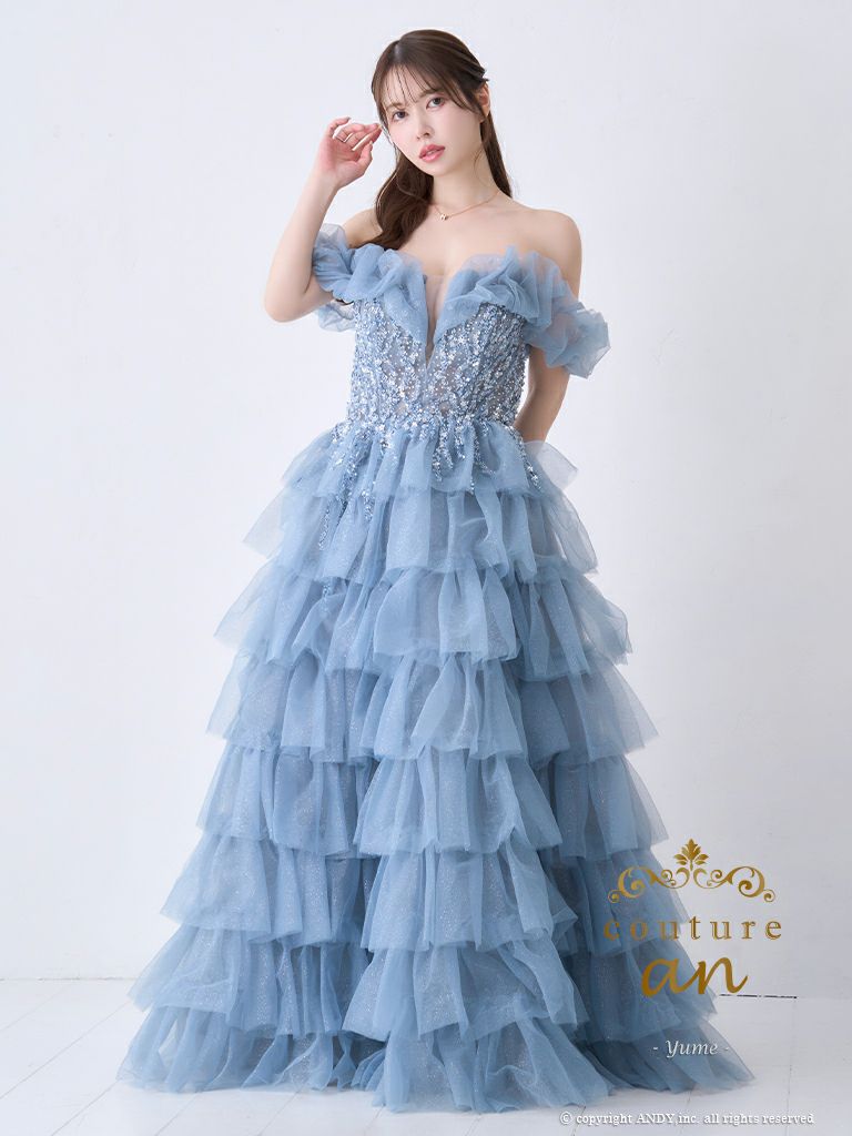 キャバドレス couture an ラメ オフショルダー ビジュー シアー フリル ティアード チュール レースアップ バースデー Aラインロングドレス