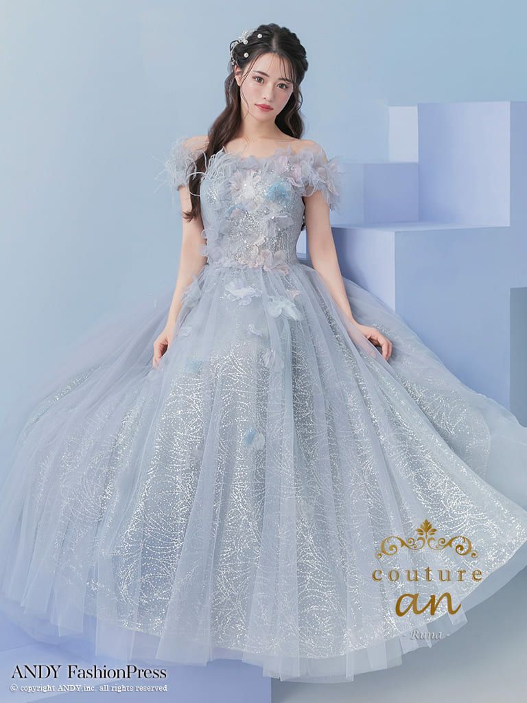 キャバドレス couture an オフショルダー ラメ スパンコール フリル シフォン フェザー レースアップ バースデー Aラインロングドレス
