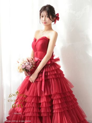 キャバドレス couture an ベアトップ ワンカラー ウエストリボン フリル チュール レースアップ バースデー Aラインロングドレス