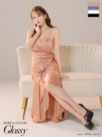 キャバドレス Glossy ROBE de FLEURS グロッシー ローブドフルール サテン キャミソール シンプル フリル フレア マーメイドロングドレス 