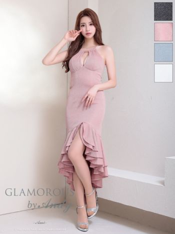 キャバドレス ロングテールドレス GLAMOROUS グラマラス チェーン ホルターネック フリル ラメ ワンカラー
