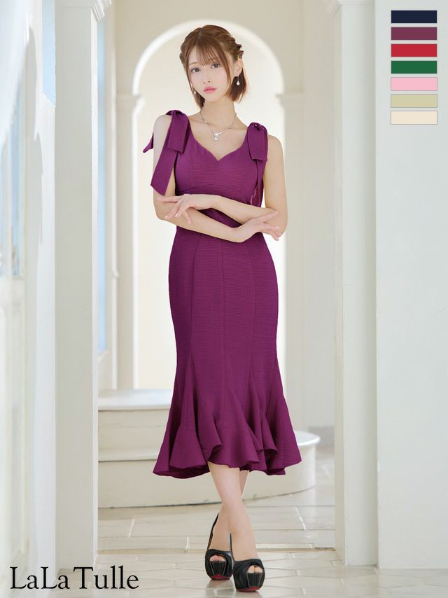 キャバドレス DEA. ROBE de FLEURS ディア ローブドフルール ラメツイル ワンカラー ノースリーブ ショルダーリボン シンプル マーメイド タイト 膝丈ドレス