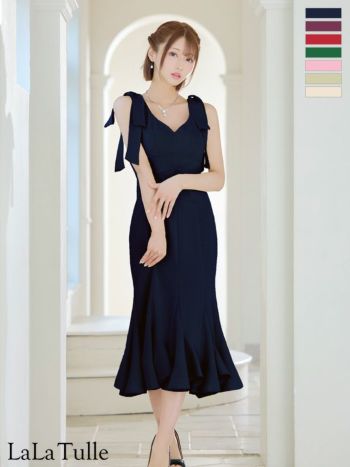 キャバドレス DEA. ROBE de FLEURS ディア ローブドフルール シンプル ラメツイル ワンカラー ノースリーブ ショルダーリボン マーメイド タイト 膝丈ドレス