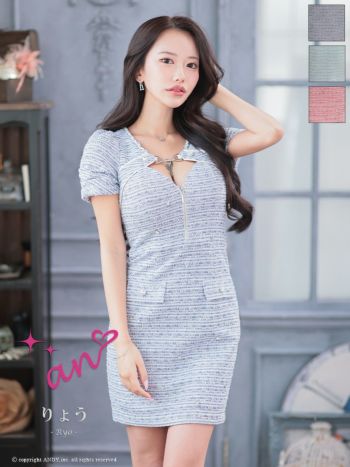 キャバドレス タイトミニドレス an アン 半袖 ジップデザイン ツイード カットデザイン ビジュー ポケット