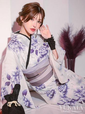 浴衣 白地 水彩 幻想 牡丹柄 ゆかた3点SET