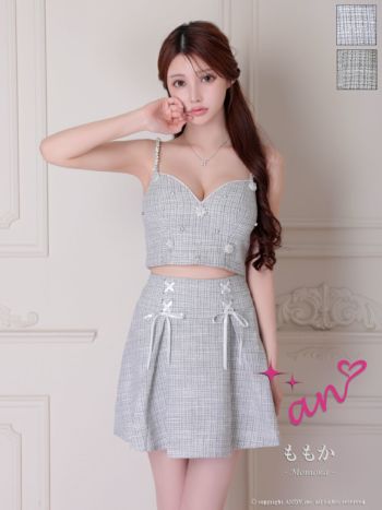 キャバドレス フレアミニドレス an アン リボン ツイード キャミソール お花ビジュー セットアップ