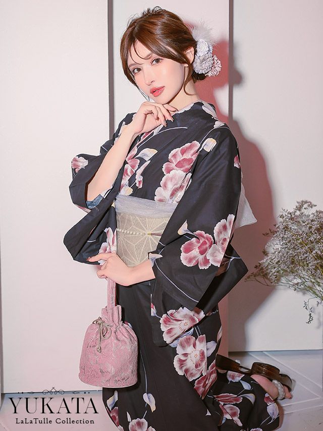 浴衣 セパレート シャクナゲ 黒地 ピンク ガーリー ゆかた3点SET 