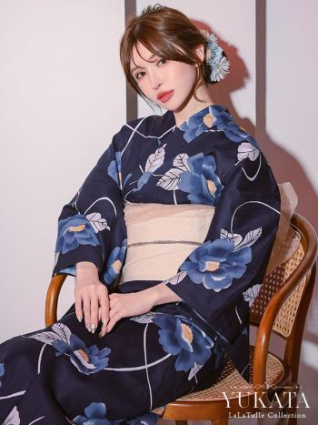 浴衣 紺地 椿 妖艶 クリーム色 ゆかた2点SET