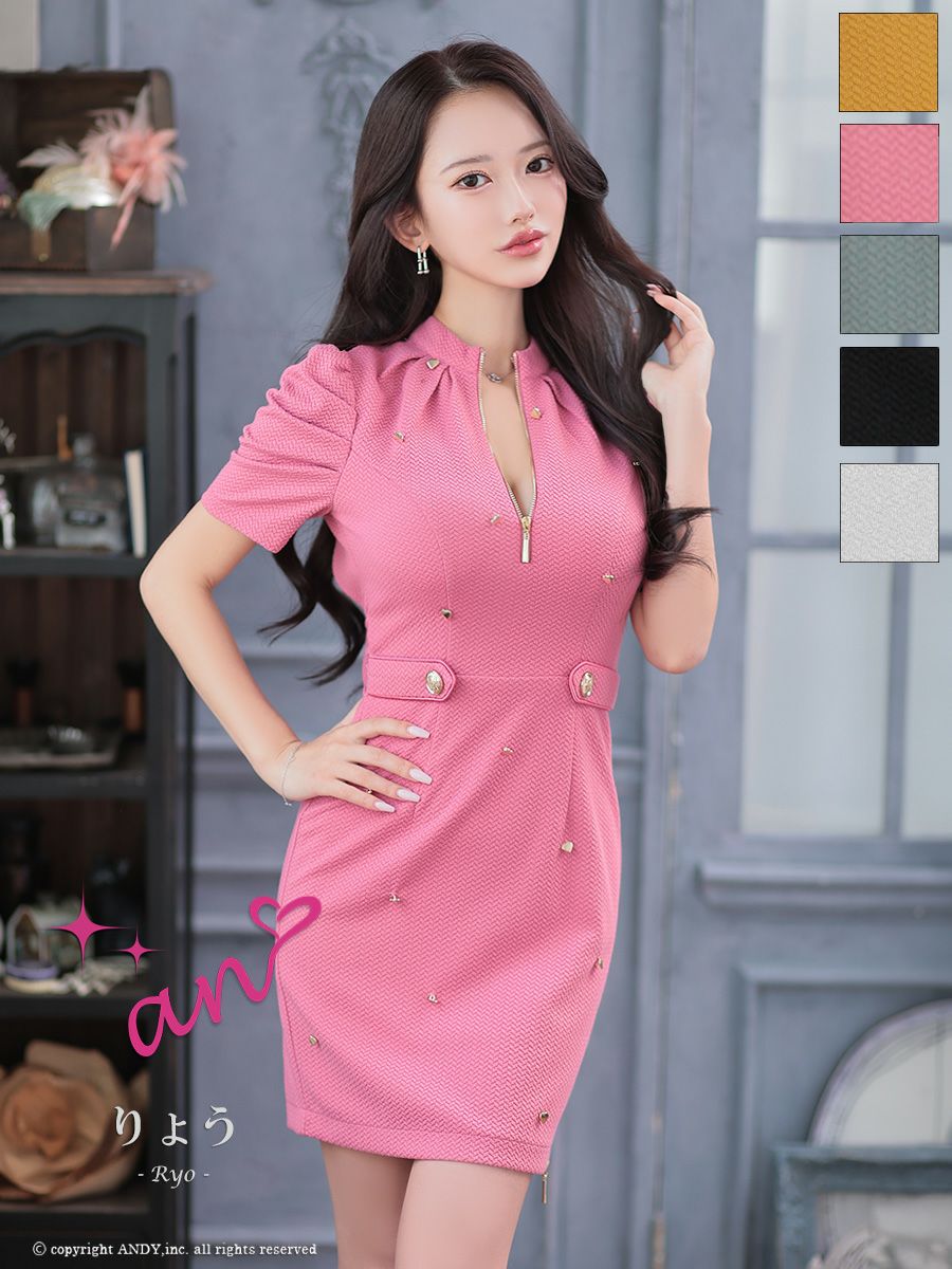 [an]ドレス an/アン】ハートボタン パフスリーブ バックリボン 袖あり ジップ