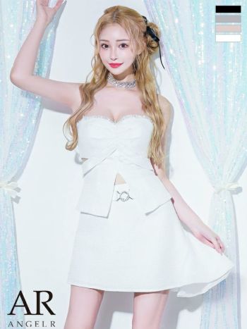 キャバドレス Angel R エンジェルアール フェミニン オープンバスト 2way ベアトップ キャミソール ツイード ウエストカット チャーム アシンメトリー セットアップ フレアミニドレス