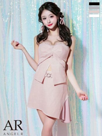 キャバドレス Angel R エンジェルアール オープンバスト 2way ベアトップ キャミソール ツイード ウエストカット チャーム アシンメトリー セットアップ フェミニン フレアミニドレス