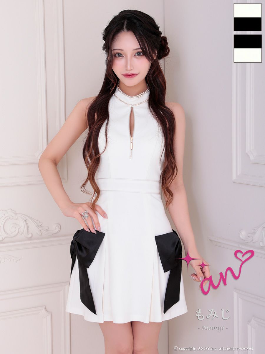 キャバドレス フレアミニドレス an アン リボン　ビジュー ホルターネック ジップデザイン