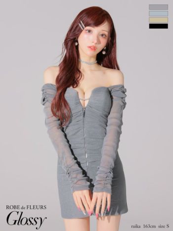キャバドレス Glossy ROBE de FLEURS グロッシー ローブドフルール オフショルダー ジップデザイン 長袖 ラメチュール タイトミニドレス 