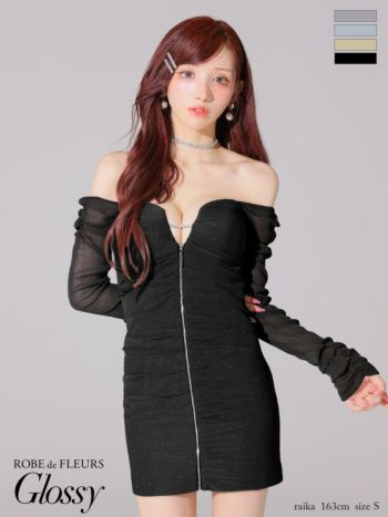 キャバドレス Glossy ROBE de FLEURS グロッシー ローブドフルール ラメチュール ジップデザイン オフショルダー 長袖 タイトミニドレス 