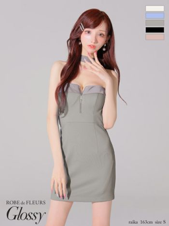 キャバドレス Glossy ROBE de FLEURS グロッシー ローブドフルール チョーカー風 ホルターネック ジップデザイン 2way ワンカラー タイトミニドレス 