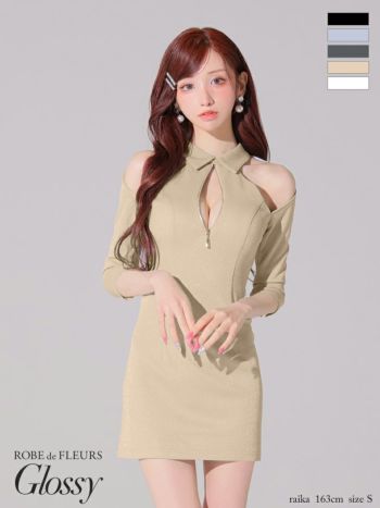 キャバドレス Glossy by ROBE de FLEURS グロッシー 肩あき 袖あり セクシー ジップデザイン 襟デザイン タイトミニドレス
