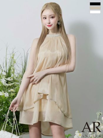 キャバドレス Angel R エンジェルアール ウエストベルト ビジュー シフォン パール ホルターネック フレアミニドレス