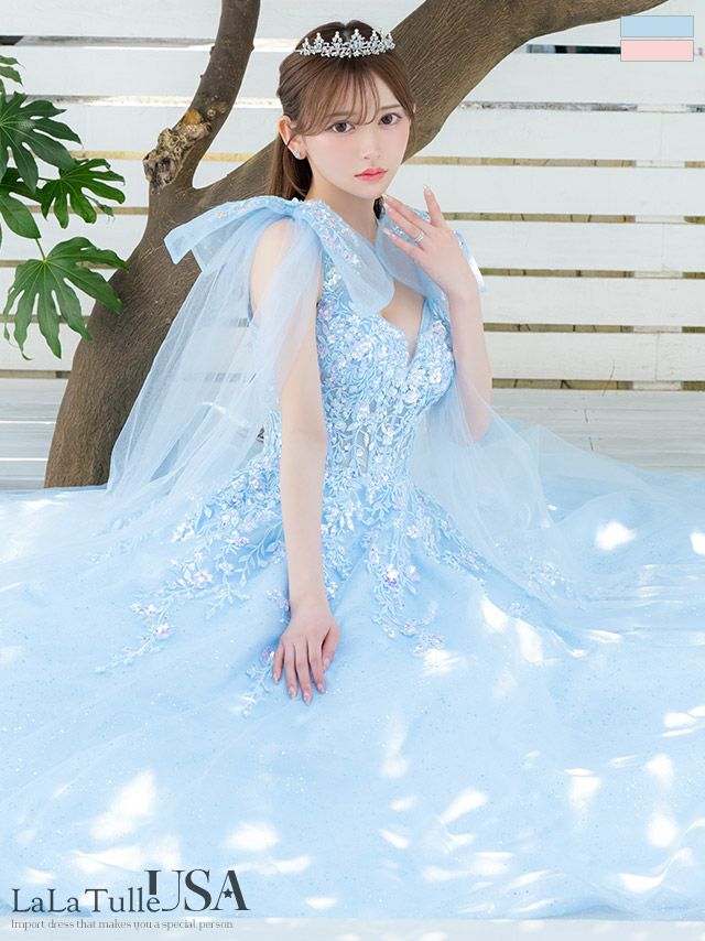 キャバドレス LaLaTulle USA インポート ショルダーリボン ノースリーブ バストカット スパンコール ラメ 刺繍 バックオープン ボリュームチュール バースデー Aラインロングドレス