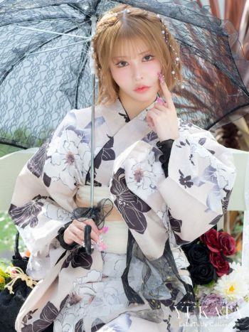 浴衣 ベージュ地 牡丹柄 ガーリー ゆかた2点SET