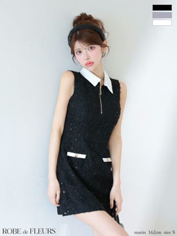 キャバドレス ROBEdeFLEURS ローブドフルール ノースリーブ ジップデザイン 襟付き レース サテン フレアミニドレス