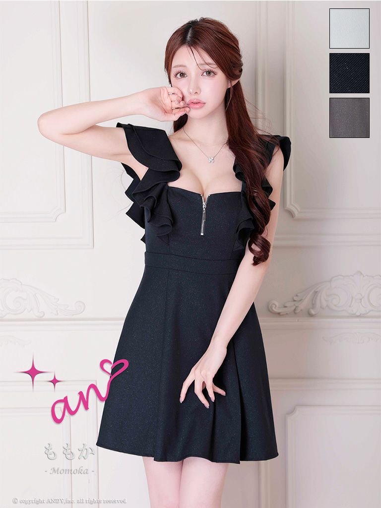 キャバドレス an アン フリル ノースリーブ ジップデザイン バックリボン 背中あき フレアミニドレス