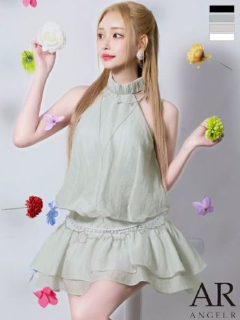 キャバドレス Angel R エンジェルアール フェミニン ホルターネック チェーン ウエストベルト ビジュー パール フレアミニドレス