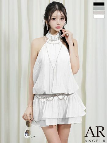 キャバドレス Angel R エンジェルアール ウエストベルト ビジュー パール フェミニン ホルターネック チェーン フレアミニドレス