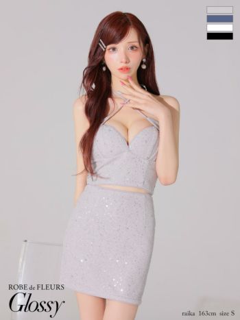 キャバドレス Glossy ROBE de FLEURS グロッシー ローブドフルール スパンコール ラメツイル セットアップ ホルターネック タイトミニドレス