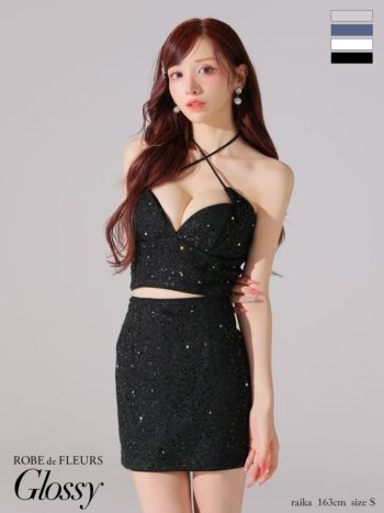 キャバドレス Glossy ROBE de FLEURS グロッシー ローブドフルール スパンコール ホルターネック セットアップ ラメツイル タイトミニドレス 