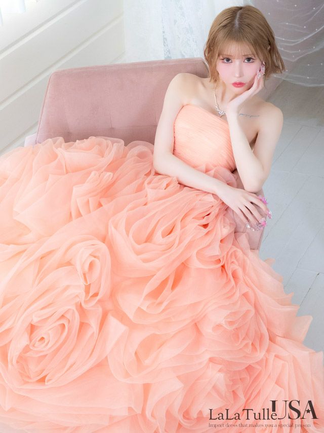 キャバドレス LaLaTulle USA インポート ベア バックスピンドル サテン チュールフラワー バースデー Aラインロングドレス