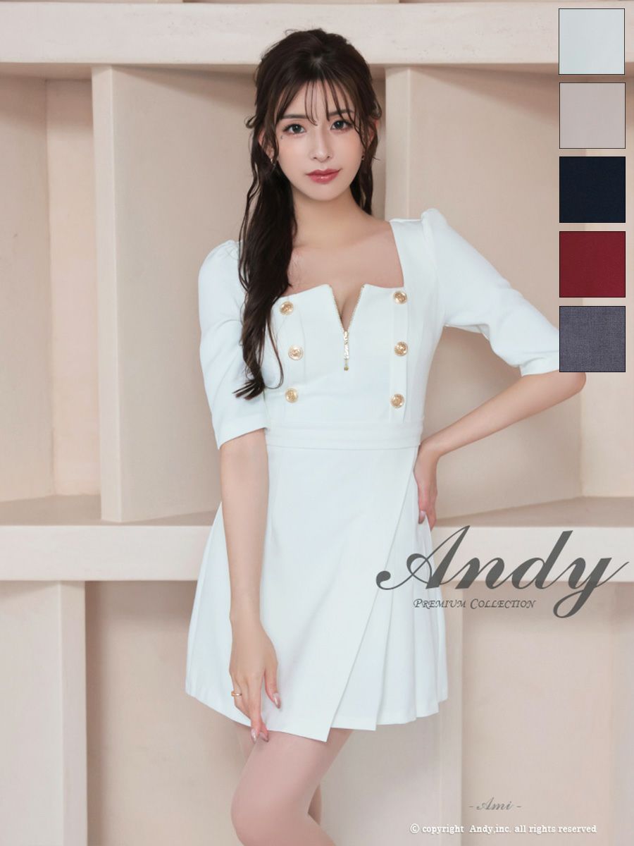 キャバドレス フレアミニドレス Andy アンディ 飾りボタン ジップデザイン 袖あり プリーツ リボン カットデザイン スクエアネック