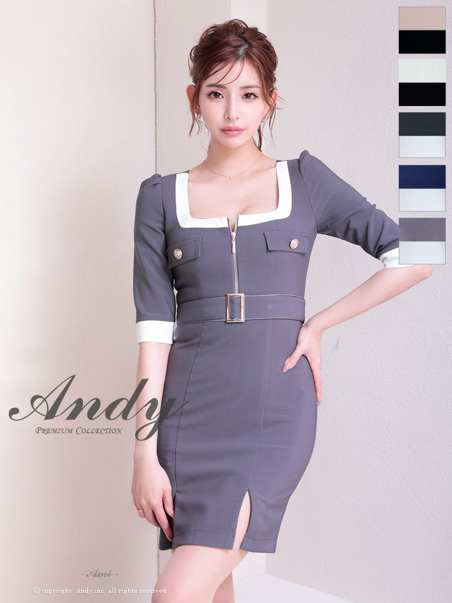 キャバドレス タイトミニドレス Andy　アンディ ジップデザイン バイカラー スリット 袖あり 飾りポケット ベルト