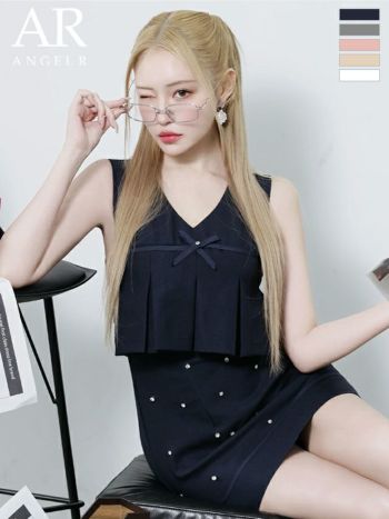 キャバドレス Angel R エンジェルアール ノースリーブ リボン プリーツ パール ビジュー フレアミニドレス