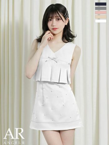 キャバドレス Angel R エンジェルアール プリーツ パール ノースリーブ リボン ビジュー フレアミニドレス