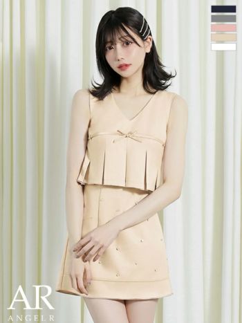 キャバドレス Angel R エンジェルアール ノースリーブ パール ビジュー リボン プリーツ フレアミニドレス